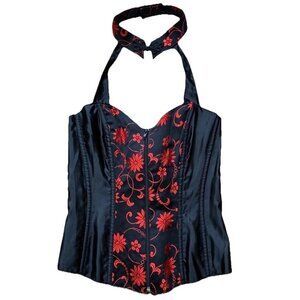 Tesa Size 32 Black Red Floral Asian Inspired Brocade Corset Bustier Whimsy Goth